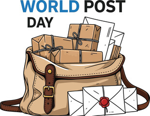 World post day illustration with a bag full of letters and parcels celebrating the importance of postal services