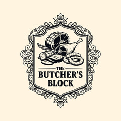Vintage monochrome emblem for 'The Butcher's Block' featuring various meat cuts like ham, leg, sausages, and salami within an ornate decorative shield.
