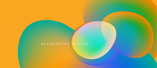 Abstract vibrant shapes overlap. Orange, turquoise, blue hues blend smoothly creating modern design. Text reads background design.