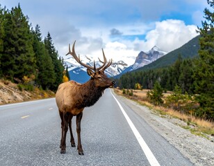 Elk on a highway, mountains in the background
