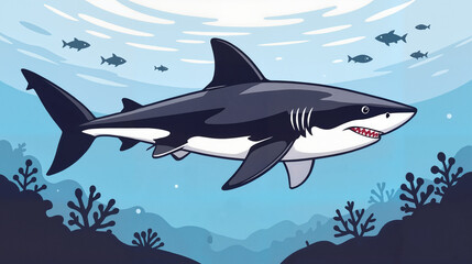 Fototapeta premium Cartoon shark swimming in ocean with underwater plants and fish 