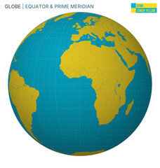 Vector Globe centered to Equator & Prime Meridian. Cyan Lemon Yellow palette. World map with meridians, parallels, countries, rivers and lakes. Charming vector illustration.