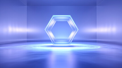 Futuristic digital environment with glowing hexagon, neon blue and purple tones, virtual platform, and immersive tech design. Ideal for VR, AI, and digital interface concepts.