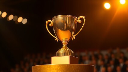 Golden trophy on a pedestal illuminated by a warm spotlight against a dark blurred background.
