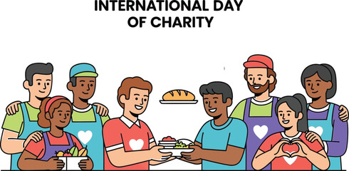 A group of diverse volunteers celebrating international day of charity, showing love and support for the community