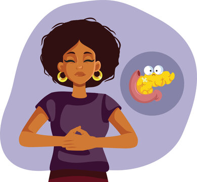 Woman Complains of Pancreatic Pain Vector Illustration. Person feeling sick because of Exocrine Pancreatic Insufficiency 
