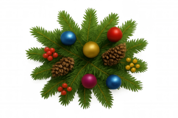 Christmas fir branches developing festive composition with colorful baubles, pine cones, and red berries on transparent background