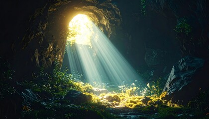 Cave entrance, sunlight beams