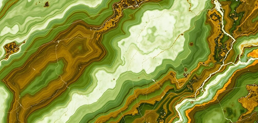  Unique green and brown natural onyx stone pattern, polished marble surface, luxury texture.