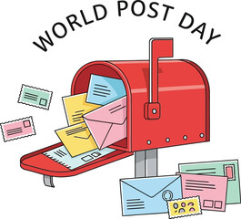 A red mailbox overflowing with letters for world post day, celebrating the importance of postal services worldwide