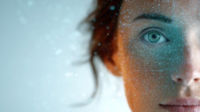 Artificial intelligence network analyzing a woman's face through facial recognition and biometric scanning, highlighting technology's role in modern identity and security