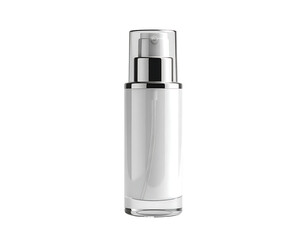 Cylindrical white pump bottle with clear base and silver top, isolated on black background