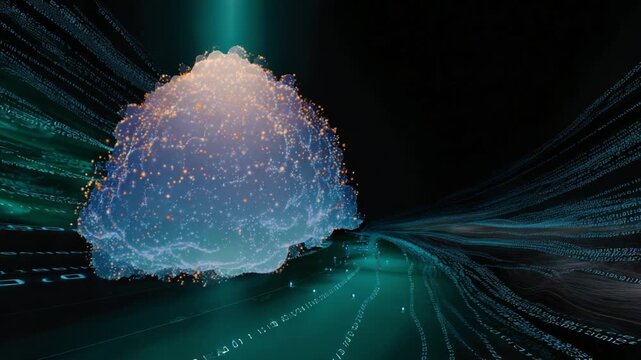 Abstract concept of big data transfer and cloud computing showing a digital cloud formation processing streams of binary code on a dark background, representing information technology