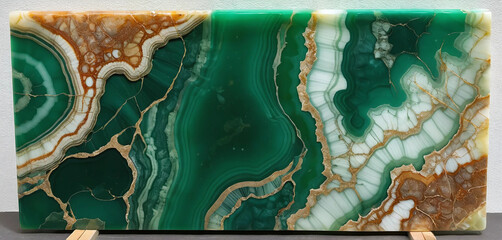 Rare green onyx slab with intricate earthy veins, semi-translucent stone look.