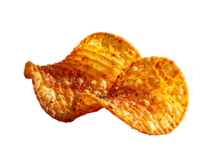 Two ruffled, golden-brown potato chips, seasoned with dark specks, curl slightly, isolated on black