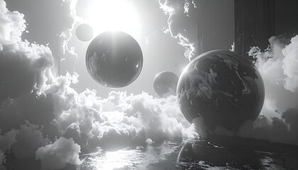 Monochromatic celestial scene with planets and clouds