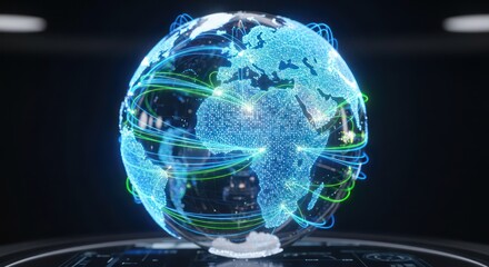Digital Earth Globe with Blue and Green Network Connections on Dark Background