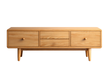 Light wood low-profile media console with three drawers, simple round knobs, and tapered legs