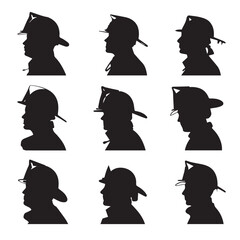 Collection of firefighter helmet silhouettes in black and white isolated on white background