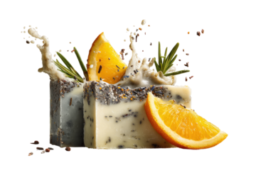 Two artisan soap bars, grey and creamy, adorned with orange slices, rosemary sprigs, and lavender buds, are shown amidst a dynamic splash of creamy lather