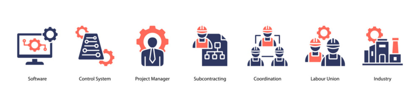 Project Coordination web banner icon vector illustration featuring Software, Control System, Project Manager, Subcontracting, Coordination, Labour Union, and Industry.