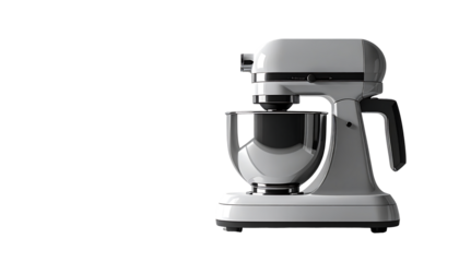 A sleek, off-white stand mixer with a silver bowl, tilted slightly to the left, against a black background