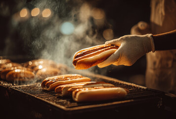 a man wearing white gloves is grilling hot dogs on the grill. the background is dark and moody, but the food looks delicious and fresh, with steam coming off of it