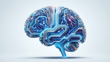 Abstract glowing blue circuit board brain symbolizing artificial intelligence and technology isolated on transparent background