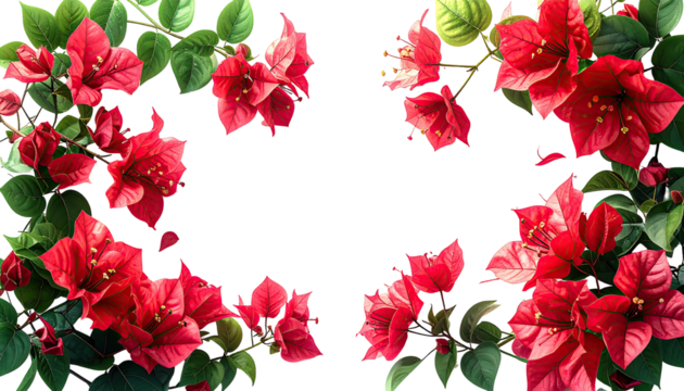 Vivid red bougainvillea flowers frame a black center, lush greenery surrounds