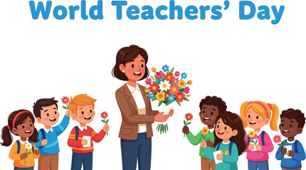 A teacher is holding a bouquet of flowers and surrounded by students world teachers day