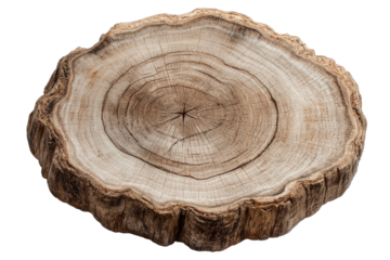 A cross-section of a tree trunk, showcasing concentric growth rings, a central pith, and a rough, irregular outer edge.  The wood is light brown with darker markings