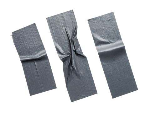 Three pieces of gray duct tape, slightly wrinkled and overlapping