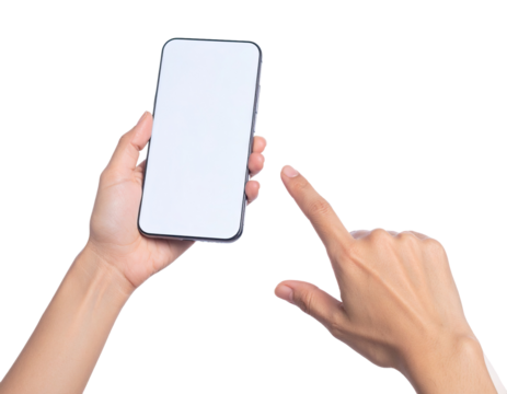 Smartphone held by hands, finger pointing at screen
