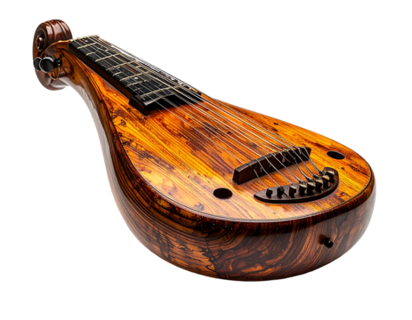 Pearlescent-brown, pear-shaped stringed instrument with intricate wood grain, six strings, and scroll head