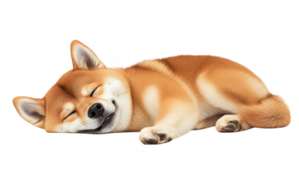 A peaceful Shiba Inu dog sleeping comfortably on a clean. white background. its relaxed demeanor and fluffy fur. ideal for pet-related content or relaxation themes