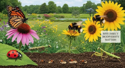 Diverse Insects and Flowers in a Vibrant Meadow, Highlighting Biodiversity Importance