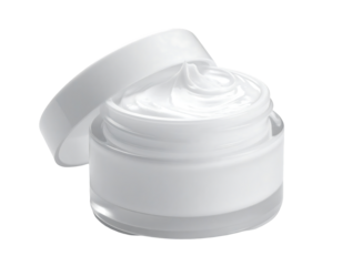 A partially opened, white, cylindrical jar of creamy, thick moisturizer, showcasing its texture and consistency