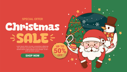 Christmas Sale Banner with a Cheerful Santa Claus and Snowman. Vector Illustration