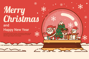 Merry Christmas and Happy New Year Snow Globe with Santa Claus and Reindeer. Vector Illustration