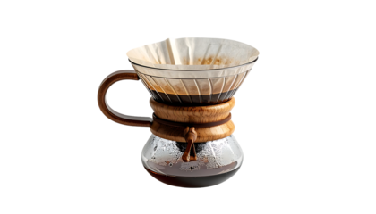 Glass pour-over coffee maker with wooden handle and collar, partially filled with dark, freshly brewed coffee