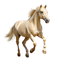 Obraz premium A stunning white horse galloping energetically across a bright. clean background. its muscular build and flowing mane. ideal for equestrian-themed projects or nature photography