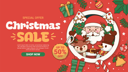 Christmas Sale Banner with Santa Claus, Snowman and a Reindeer. Vector Illustration