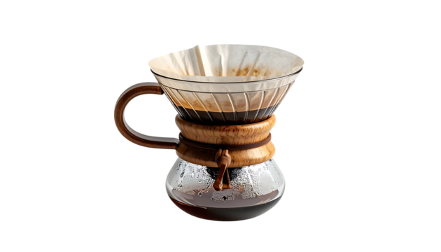 Glass pour-over coffee maker with wooden handle and collar, partially filled with dark, freshly brewed coffee