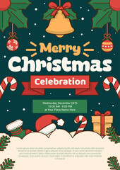 Merry Christmas Celebration Poster With Christmas Ornaments. Vector Illustration