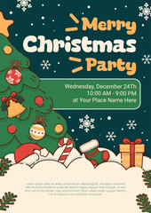 Merry Christmas Party Poster with Christmas tree decorated by Christmas Ornaments. Vector Illustration