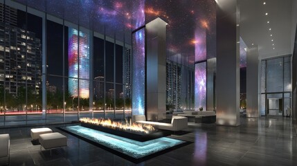 Modern Futuristic Lobby Interior Design With City View Projection