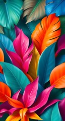 Vibrant Tropical Leaf Pattern with Bold Colors – Exotic Botanical Design, Fantasy Jungle Art, High-Resolution Digital Painting