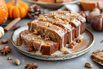 Rustic autumn treat: homemade pumpkin bread slices decorated with spices and nuts, on a ceramic plate, soft warm lighting, cozy seasonal atmosphere
