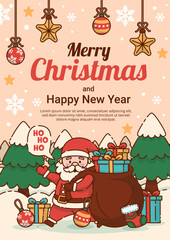 Vintage-Style Merry Christmas and Happy New Year Poster with Santa Claus Carrying a Large Sack of Presents. Vector Illustration