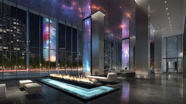 Modern Futuristic Lobby Interior Design With City View Projection - Powered by Adobe